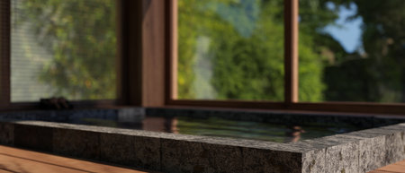 close-up image, copy space for montage your product display on Onsen bath in relax and calm indoor...
