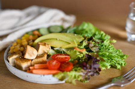 Plant based food concept. Grilled tofu with organic fresh salad vegetables mixed. high nutrition foodの写真素材