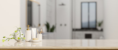 Empty mockup space for your product display on luxury marble white tabletop with bath accessories over blurred modern white bathroom in the background. 3d render, 3d illustrationの写真素材