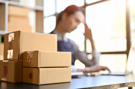 Stack of parcel boxes or cardboard boxes on the table over blurred background of a female using laptop computer. E-commerce business concept. selective focus imageの写真素材