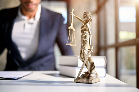The Statue of Justice or lady justice with scales of justice on a table over blurred background of professional male lawyer or attorney.の写真素材