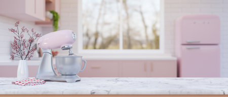 close-up, White marble kitchen tabletop with pastel pink stand mixer or dough mixer and copy space for product display over blurred background of beautiful pink kitchen. 3d render, 3d illustrationの写真素材