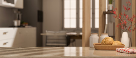 Copy space for product display on tabletop with bread basket, and decor over blurred kitchen and dining room in the background. 3d render, 3d illustrationの写真素材