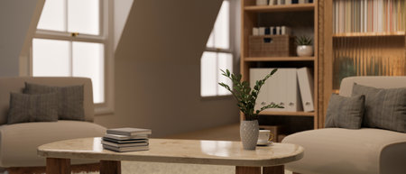 Copy space on coffee tabletop with decor in comfortable Scandinavian living room interior design. 3d...