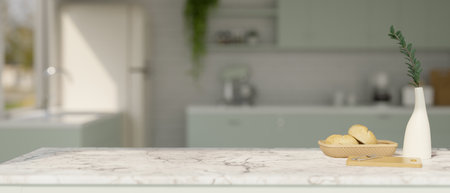 Luxury white marble tabletop with bread basket, ceramic vase and copy space for product display over blurred beautiful kitchen in the background. 3d render, 3d illustrationの写真素材