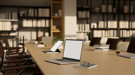 close-up image, Laptop white screen mockup on modern wood meeting table in modern office co-working...