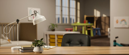 Modern home working desk for parents with accessories and copy space for product display over blurred background of cute kids bedroom. 3d render, 3d illustrationの写真素材