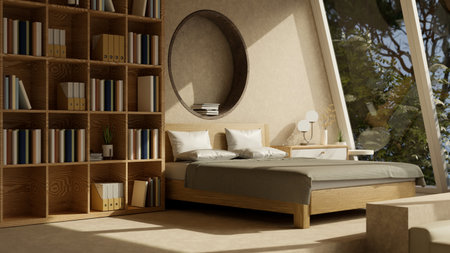 side view of modern contemporary bedroom interior design with cozy bed, large bookshelves, bedside...