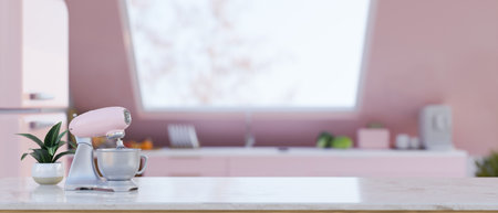 Pastel pink dough mixer machine and copy space for product display on white marble kitchen tabletop in beautiful pastel pink kitchen interior design. 3d render, 3d illustrationの写真素材