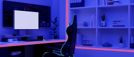 Modern gamer computer desk setup with RGB lights, PC computer white screen mockup, gaming keyboard,...