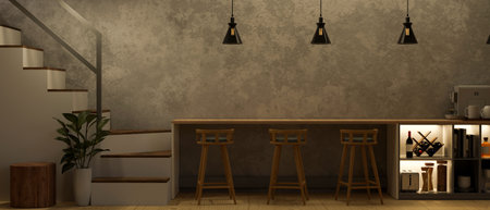Modern loft home lounge interior design by the stairs with copy space on counter bar against cement...