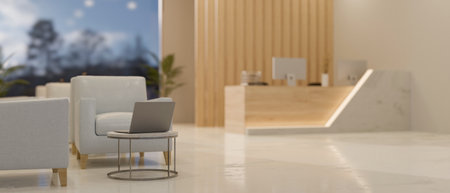 Modern luxury hotel lounge or lobby with waiting area interior design, laptop on side table, comfy...