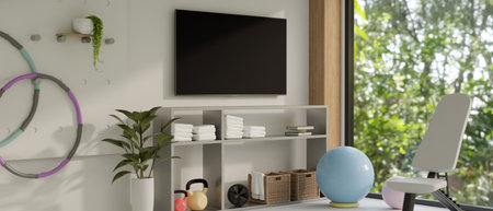 Modern urban home fitness room interior design with sport equipments, sport bench hula hoop, yoga...