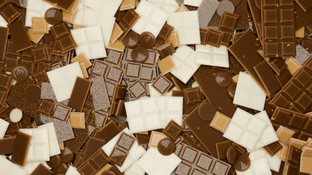 Chocolate bars pieces background, dark chocolate bars, white chocolate bars and caramel chocolate bars. flat composition for web banner. 3d render, 3d illustrationの写真素材