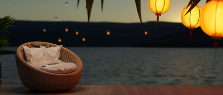 Romantic beautiful tropical sunset beach scenery view background with wicker chair with cushion and pillows, copy space on wooden patio. vacation, holiday concept. 3d render, 3d illustrationの写真素材