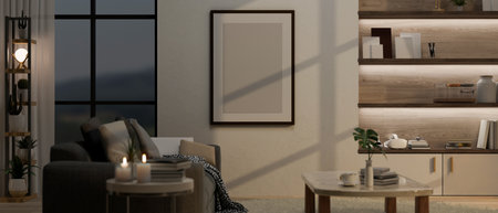 Side view of a cozy contemporary living room interior design with blank picture frame mockup on...