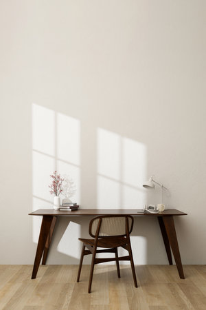 Aesthetic minimal Scandinavian workspace interior with table lamp, flower vase, book, decor and copy space on dark wood tabletop, dark wood chair, white wall, wood floor. 3d render, 3d illustrationの写真素材