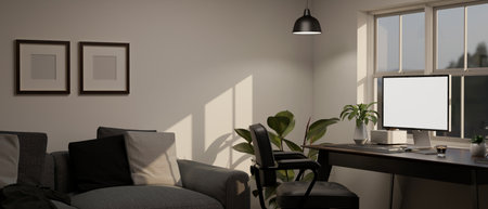 Interior design of modern home workspace in living room with computer mockup on table against...