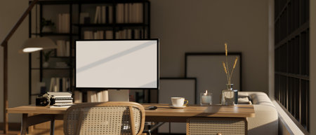 Interior design of modern home office workspace in living room with PC desktop computer mockup and accessories on wood table. 3d render, 3d illustrationの写真素材