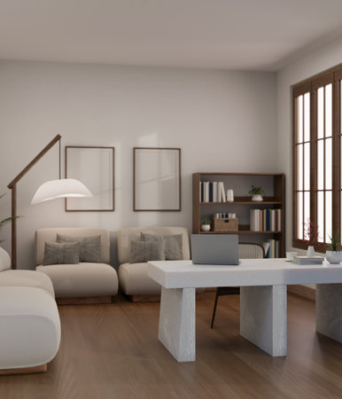Cozy Scandinavian living room interior design with comfortable couch, minimal lamp, wood shelf,...