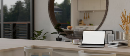 Cozy contemporary home workspace interior design with portable laptop white screen mockup, book,...