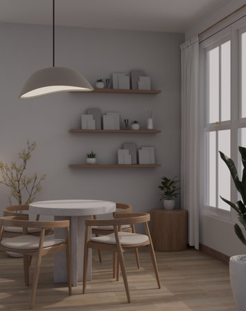 Interior design of beautiful minimalist dining room with wood dining table, stylish pendant, wood...
