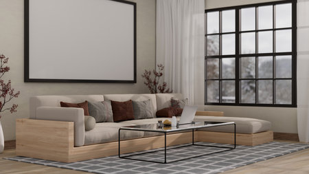 Interior design of luxury contemporary and cozy home living room with comfortable couch, stylish...