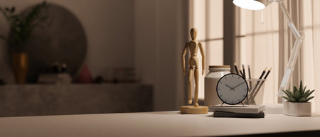Home workspace tabletop closeup with copy space for product display, alarm clock, wooden figure, table lamp and stationery over blurred room background. 3d render, 3d illustrationの写真素材