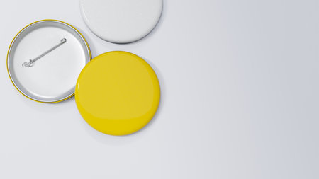 Yellow circle pin badge mockup and copy space on white background. 3d render, 3d illustrationの写真素材