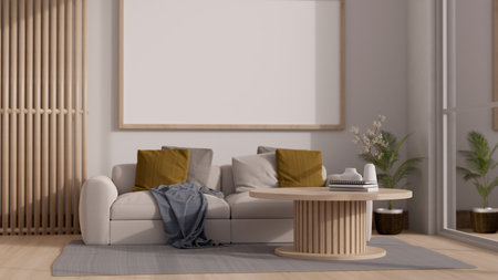 Interior design of cozy minimalist living room in white and wood style with couch, large blank frame on wall, minimal wood round coffee table and decor. 3d render, 3d illustrationの写真素材