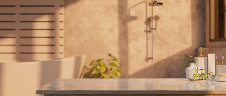 Mockup space for product display on luxury white marble tabletop with bath accessories over blurred background of modern loft bathroom with bathtub. 3d render, 3d illustrationの写真素材