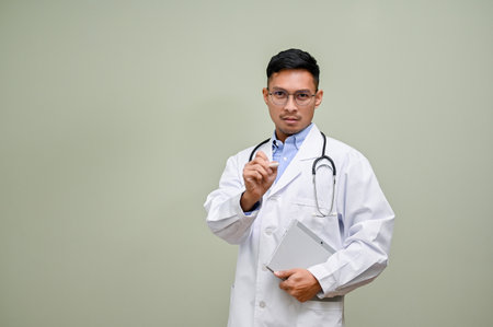 Professional and strict millennial Asian male doctor in white gown with his stethoscope and portable tablet, pointing pen at the camera, standing against green studio background.の写真素材