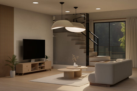 Comfortable contemporary home living room with staircase interior design, couch, smart TV on TV cabinet, coffee table, pendants, houseplant, window and parquet floor. 3d render, 3d illustrationの写真素材
