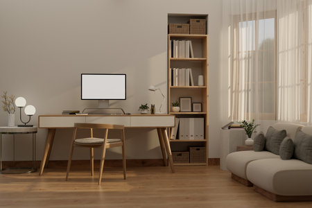 Beautiful Scandinavian home living room with workspace interior design, computer mockup on wood...