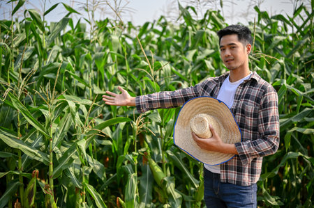 Portrait of young hardworking male farmer working in his corn field. Farming business conceptの写真素材