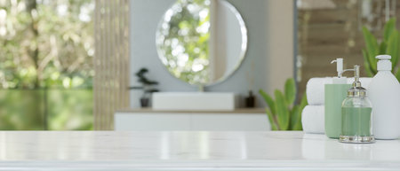 Modern luxury white bathroom tabletop with bath accessories and copy space for product display over blurred background of a modern luxury bathroom. 3d rendering, 3d illustrationの写真素材