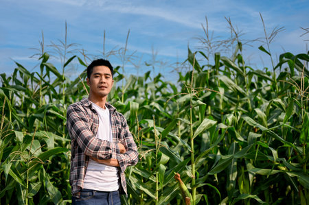 Successful Asian male farmer stands with arms crossed, working in his corn field, checking the corn for the harvest processの写真素材