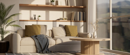 Cozy contemporary living room interior design with comfortable couch with cushions, coffee table...