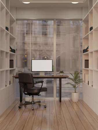 Minimal Scandinavian office workspace interior design with computer white screen mockup on table against the large window, large bookshelf and decor. 3d render, 3d illustrationの写真素材