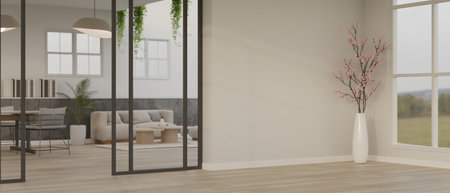 Beautiful minimal home hallway through the living room interior design with empty space on white...