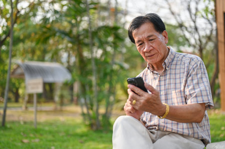 A happy Asian-aged retired man using his smartphone in the backyard. technology and people conceptの写真素材