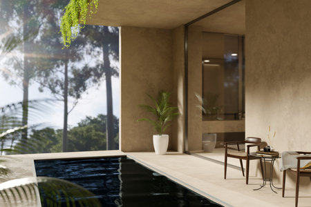 Modern luxury pool villa exterior design with swimming pool, relaxation space, tropical plants and beautiful nature view. 3d render, 3d illustrationの写真素材