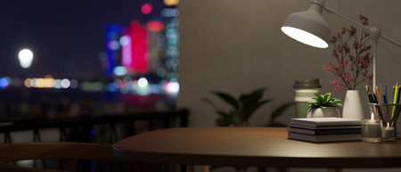 Close-up image of a copy space on a wooden table with stationery, oak, flower vase and table lamp in modern dark office. 3d render, 3d illustrationの写真素材