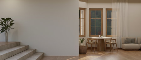 Cozy contemporary spacious living room interior design with stairway, beautiful and minimal wooden...