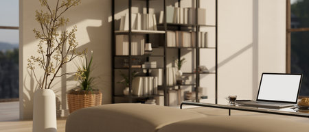 Laptop white screen mockup on a modern coffee table in modern comfortable living room with beige sofa, bookshelf, houseplant and decor. home workspace concept. 3d render, 3d illustrationの写真素材
