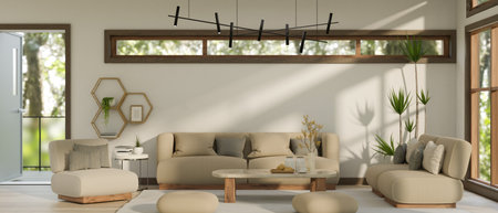 Modern contemporary spacious living room interior design with beige couch, coffee table, stylish...