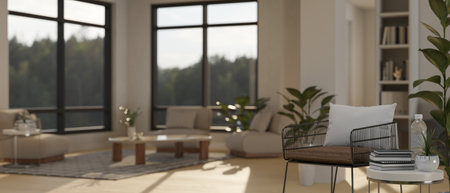 Stylish armchair, side table with books, decor plant and a bottle of water in modern contemporary living room. 3d render, 3d illustrationの写真素材