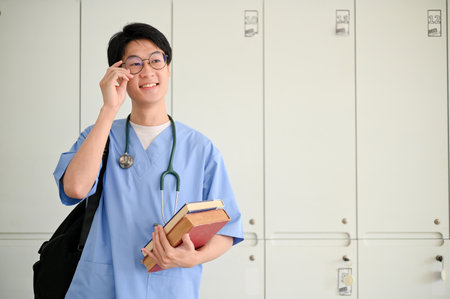 Smart and handsome young Asian male medical student in a uniform stands in a medical student's locker room.の写真素材