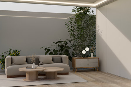 Interior design of a modern luxury living room with comfortable sofa against the glass wall with...