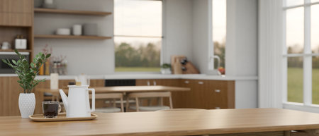 Coffee table with copy space with tea pot and coffee cup on the table, coffee table in the cosy living room.  3d render, 3d illustration.の写真素材
